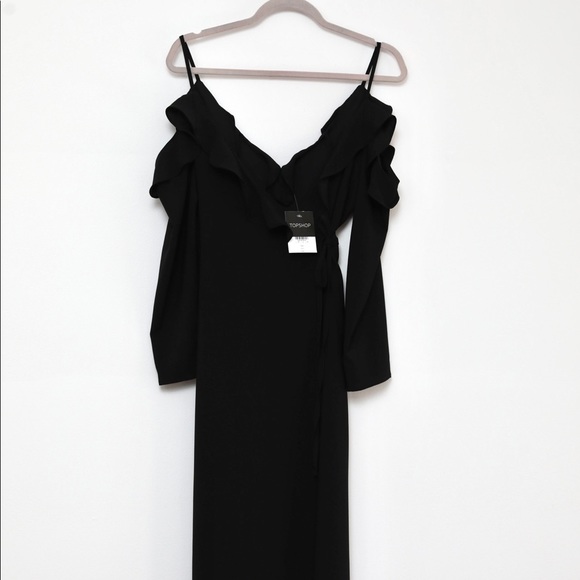 NWT Topshop black cold shoulder ruffle midi wrap dress. Size US 6. - Picture 2 of 6